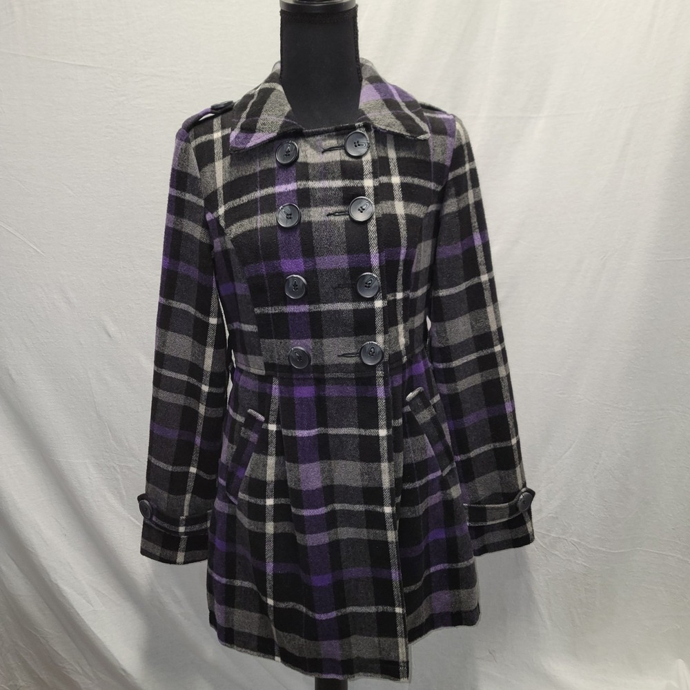 Jrs. Womens Vtg Y2k Arizona Jeans Co Purple Black Plaid Peacoat Size Small